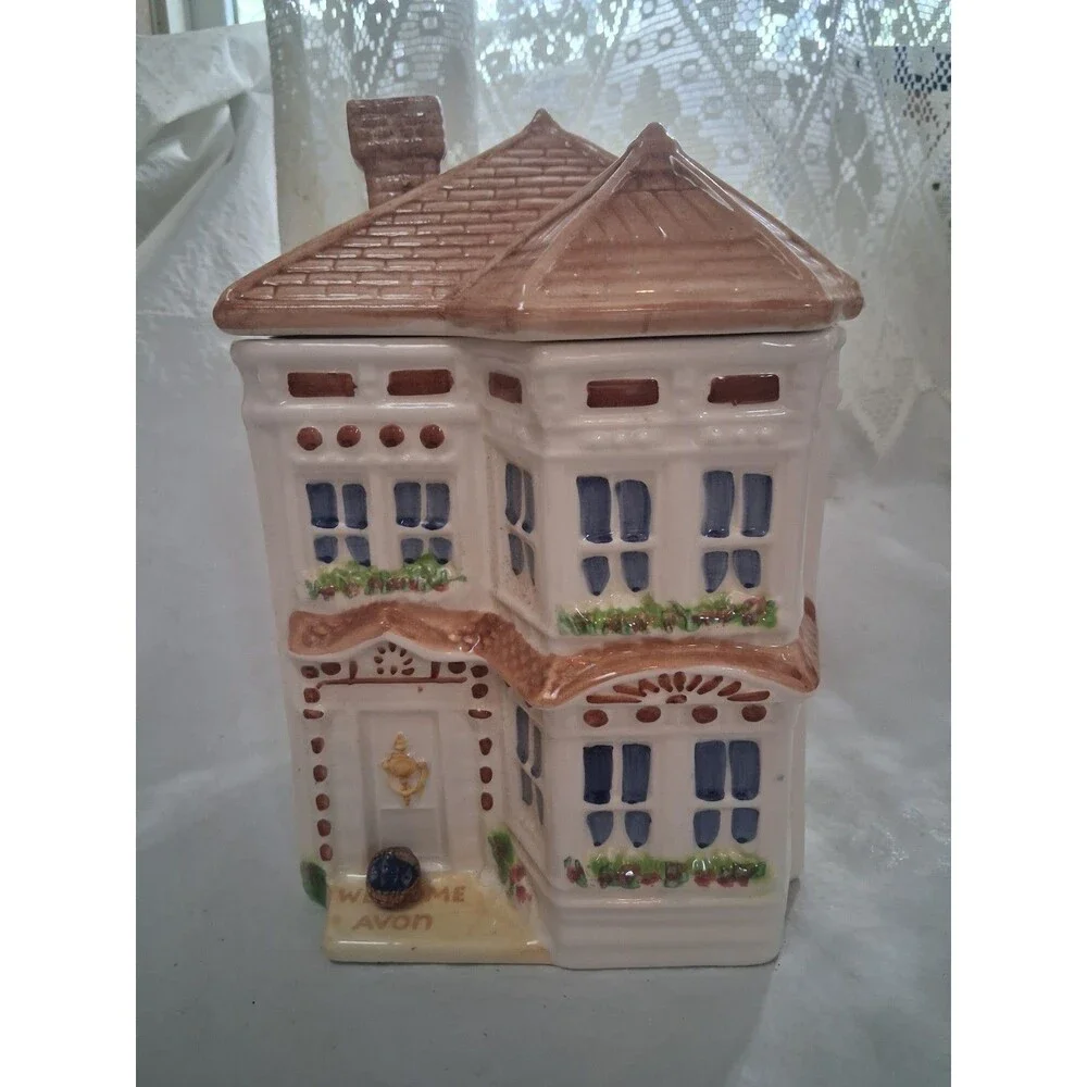 Vintage Avon Townhouse Ceramic Cookie Jar Victorian Cottage House Canister 1989